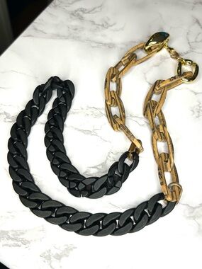 Vintage Chunky Resin Chain Link Statement Necklace Black Tortoise Gold Long 30”